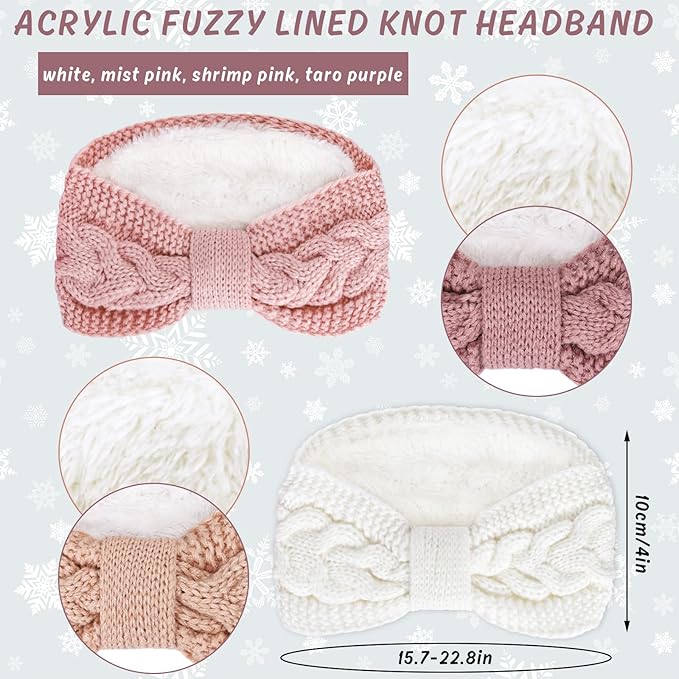 Whaline 4 Pack Twisted Knit Headband Winter Knotted Head Wraps Fuzzy Lined Headband Thick Crochet Turban Ear Warmer Elastic Hair Band Accessories for Women (White, Pink, Purple)