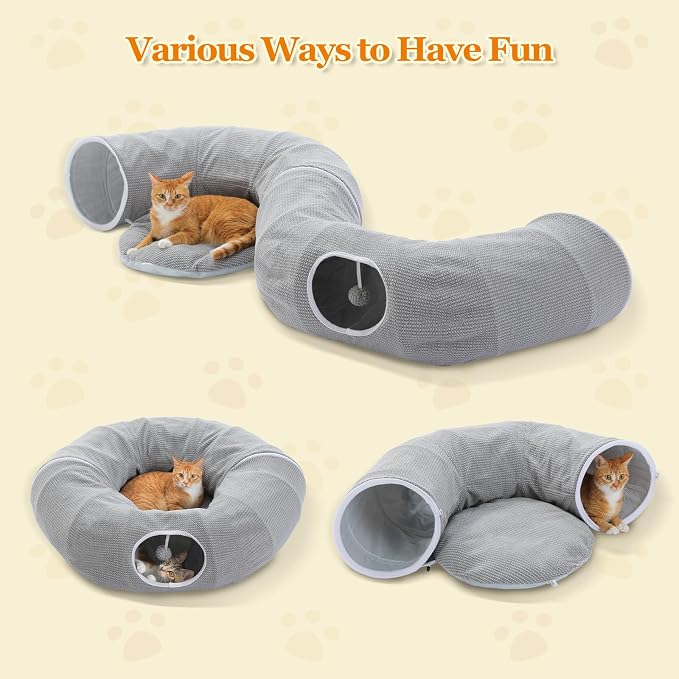 PEQULTI Grey Donut Cat Tunnel Bed Washable Plush Mat Multi for Small Pets | Round play tube with soft detachable plush mat, multi-pet toy fit indoor cats, kittens, puppies, rabbits and ferrets