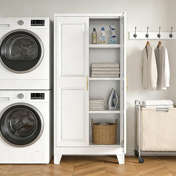 61.49''H Metal Pantry Storage Cabinet with 3 Adjustable Shelves,Farmhouse Kitchen Pantry Cabinet with 2 Doors for Home Kitchen,White, Assemble Required,13.7" D x 27.5" W x 61.4" H