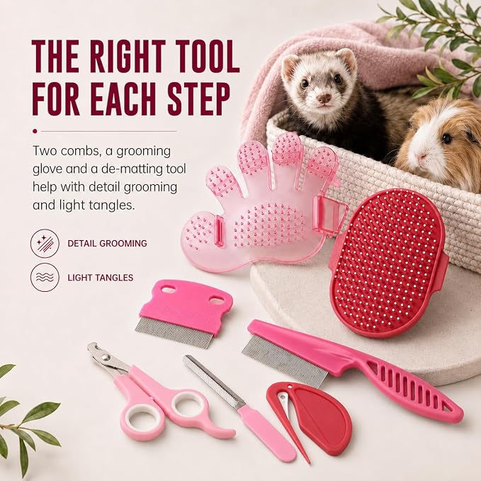 Rabbit Grooming Kit, 7-Piece Bunny Brush and Nail Care, Pink | 7 tools for loose fur, combing, light tangles and nail care; for rabbits, guinea pigs, hamsters and ferrets