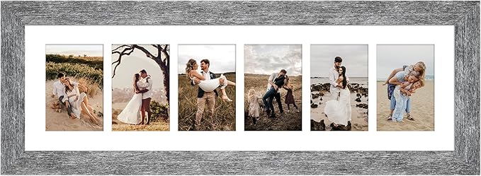 8x26 Picture Frame Display 6 opening 4X6 Picture Frame Collage,Multi Photo Frame with Mat,Plexiglass,Wall or Tabletop Decor,Grey Wood Grain