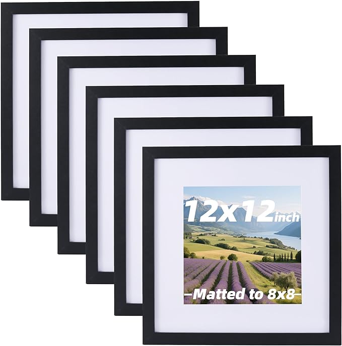 6 Pcs 12x12 Black Picture Frame - Display Pictures 8x8 with Mat or 12 x 12 without Mat - Black Wood Picture Frames for Wall Mounting - Wooden Photo Frame for 12 12 Matted to 8x8 Print Set of 6