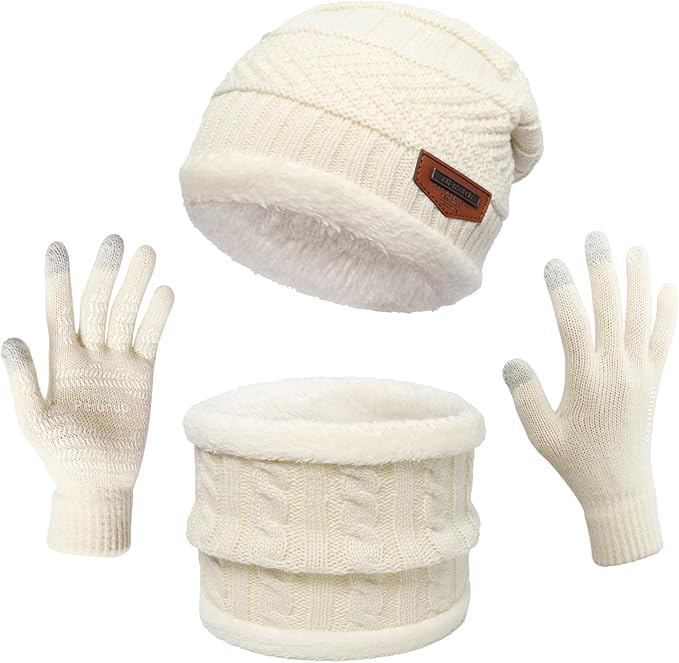 MAYLISACC Winter Knit Beanie Hat Neck Warmer Scarf and Touch Screen Gloves Set 3 Pcs Fleece Lined Skull Cap for Men Women