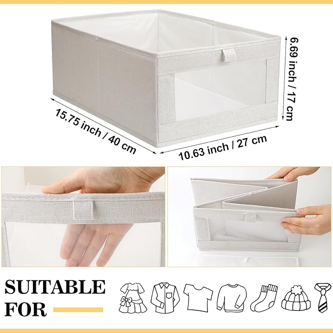 Kigley 12 Pcs Linen Closet Organizers and Storage Foldable Clothing Bins Large Foldable Box with Window Storage Baskets for Closet Shelf Clothes Jeans Toys Organization, Beige
