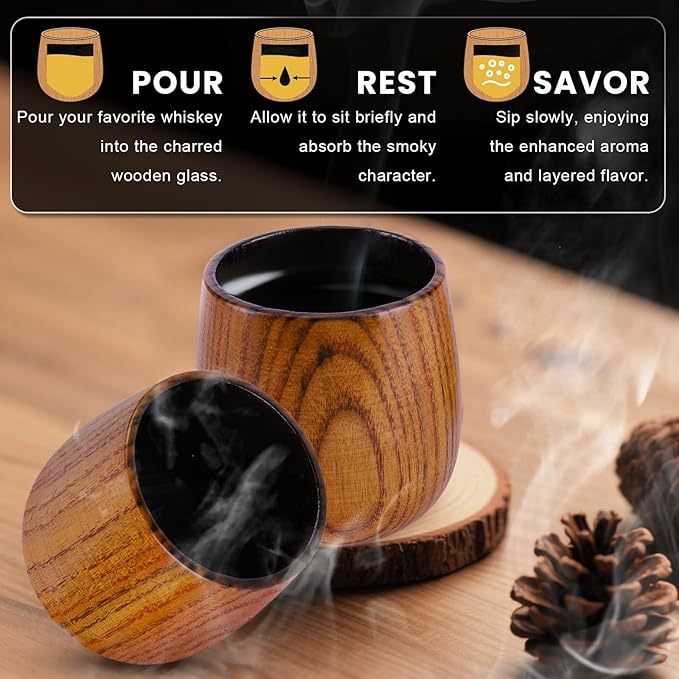 Charred Wooden Bourbon Drinking Glasses Set of 2 – Wooden Whiskey Tumblers & Old Fashioned Glasses | Whisky Glass Sets | Whiskey Gifts for Men, Dad & Birthday, Christmas, Anniversary