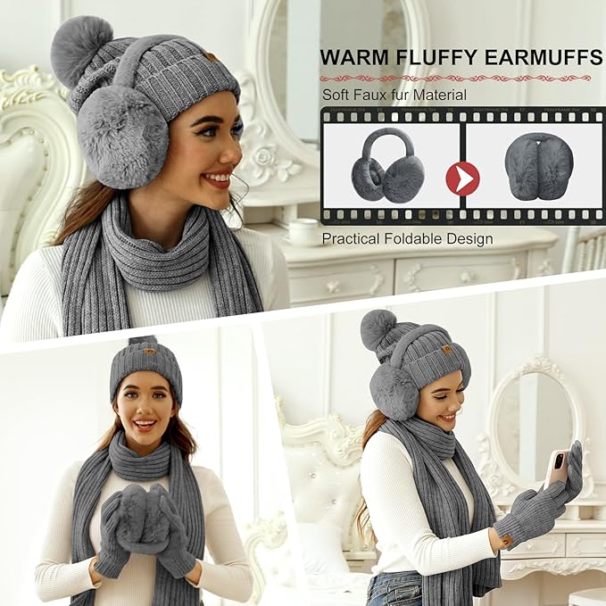 HEEKPEK Winter Beanie Hats Scarf Gloves Ear Muffs Fuzzy Socks 5pcs Set for Women Cold Weather Beanies Touch Screen Gloves