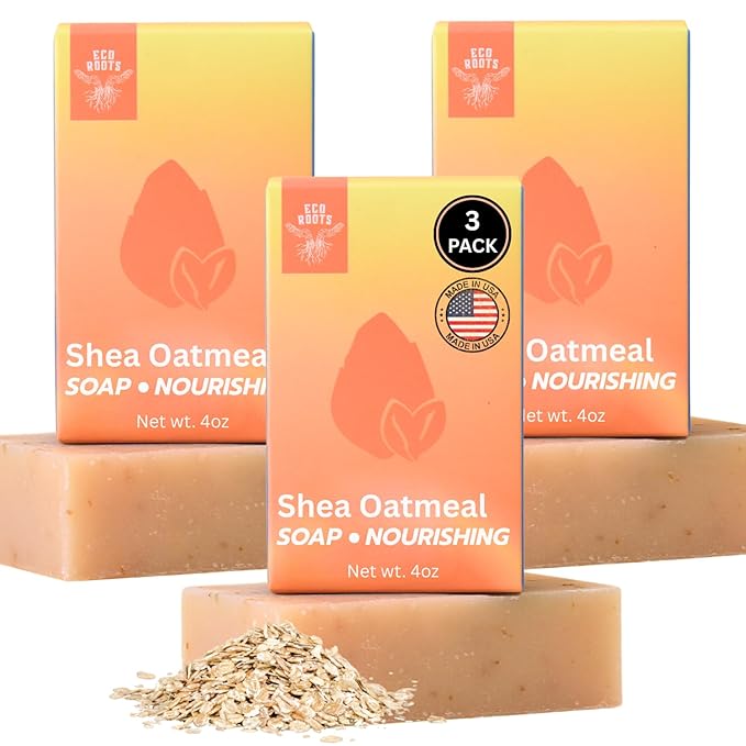 ECO ROOTS 3 Pack Natural Oatmeal Soap Bar – Face & Body Cleansing Bar with Shea Butter & Coconut Oil – Gentle Daily Moisturizing Bars of Soap