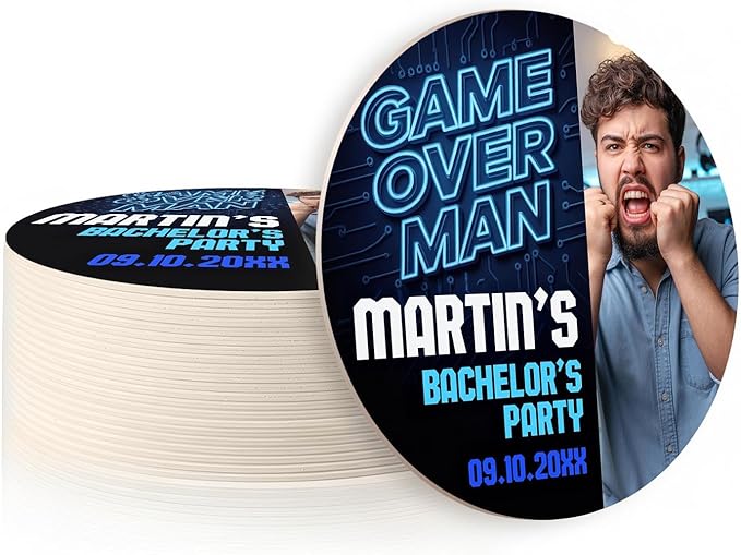 20 Pack Personalized Bachelor Party Coasters, Custom Cardboard Drink Coasters with Photo Print and Text, Fun Bachelor Party Favors and Gifts, 3.95" Round, Design 6