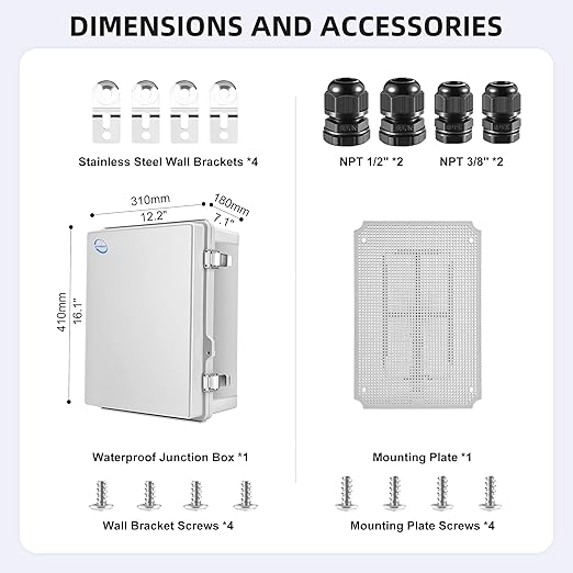 Waterproof Outdoor IP67 Junction Box(16.1"x12.2"x7.1") with Mounting Plate, Hinged Grey Cover and Wall Brackets - Weatherproof ABS Plastic Electrical Enclosure for DIY Projects(410x310x180mm)