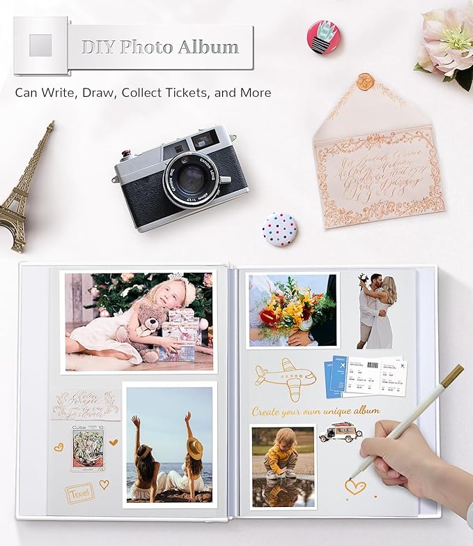 Photo Album Self Adhesive Scrapbook Album for 3x5 4x6 5x7 8x10 Pictures, 60 Pages Linen Cover with Display Window DIY Photo Book,Ideal Gifts for Family Travel Wedding Baby