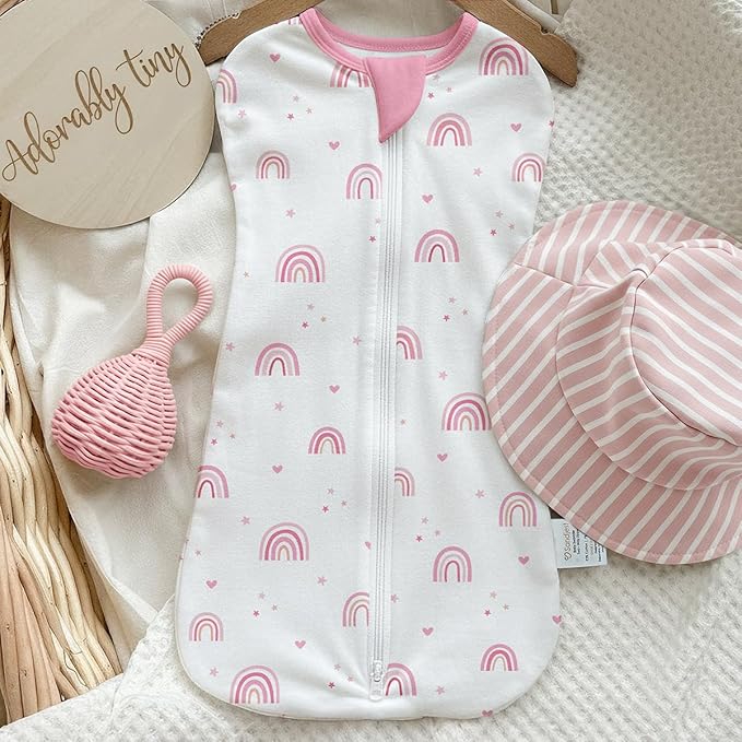 Baby Swaddle 0-2 Months, Cotton Arm-In Zipper Sleep Sack, Wearable Blankets Wrap for Newborn Infant Girls (Bow, Rainbow, Pack of 2)