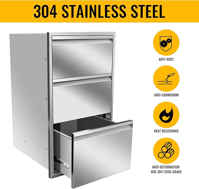 Outdoor Kitchen Drawers Stainless Steel 17W X 30H X 21D Inch, Flush Mount Triple BBQ Island Drawers with Hidden Handle for Outdoor Kitchens, Patio or Grill Station