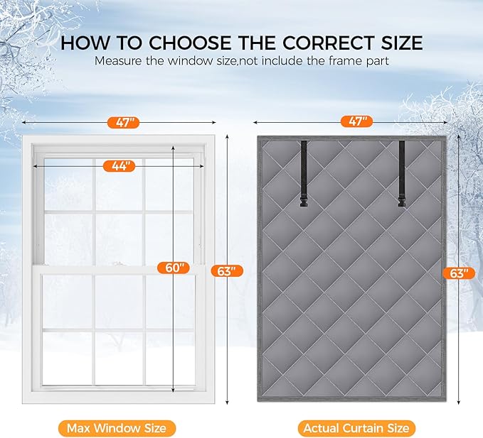 63" x 47" Thermal Window Cover，Oxford Fabric Window Cover for Winter, Window Insulation for Winter to Keep Warm, Window Insulation Kit for Home RV Basement–Grey