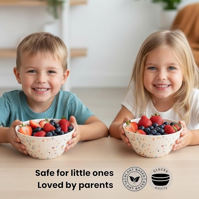 Bamboo Bowl Set of 4 – 6 Inch 20 oz Durable Deep Cereal and Snack Dishware for Kids and Toddlers – BPA Free, Dishwasher Safe, Lightweight Alternative to Plastic or Ceramic (Confetti Design)
