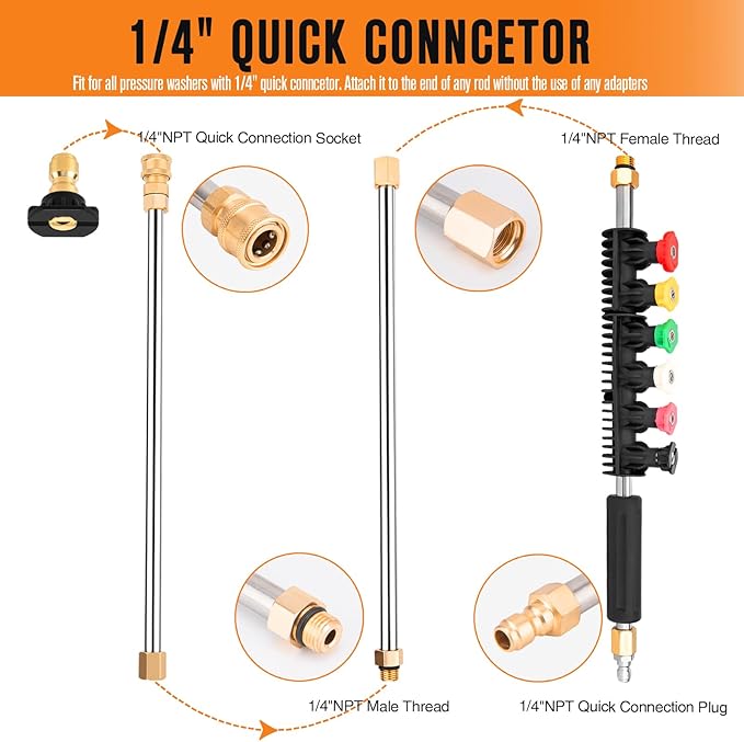 Pressure Washer Extension Wand, Power Washer Lance, Gutter Cleaning Tools for Pressure Washer with Spray Nozzle Tips, 30°, 90°, 120° Curved Rod, 1/4" Quick Connect, 4000 PSI
