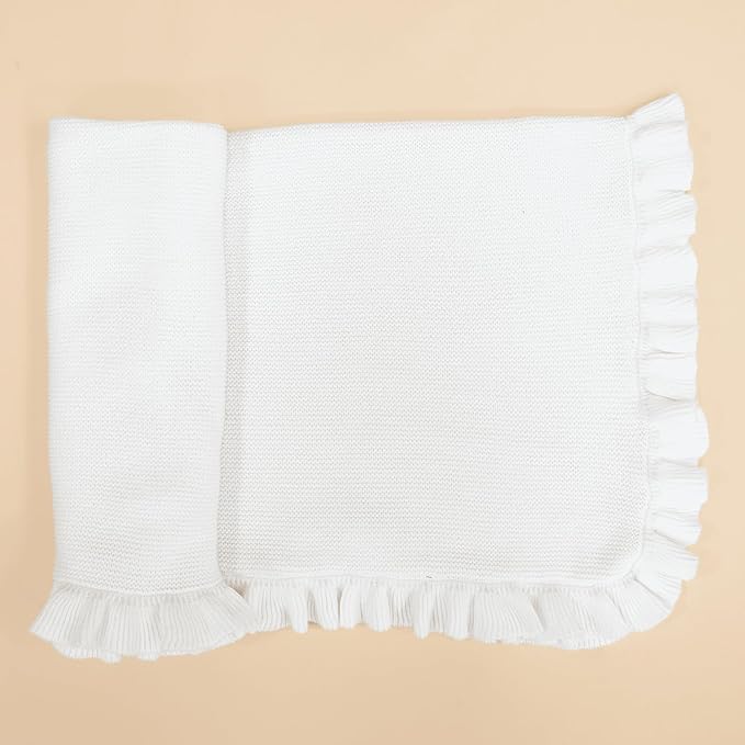 Ruffle Knit Blanket for Baby - 100% Luxury Soft Cotton Knit Warm Cozy Cuddle Stroller Crib Blanket for Newborns, Infants, & Toddlers (White)