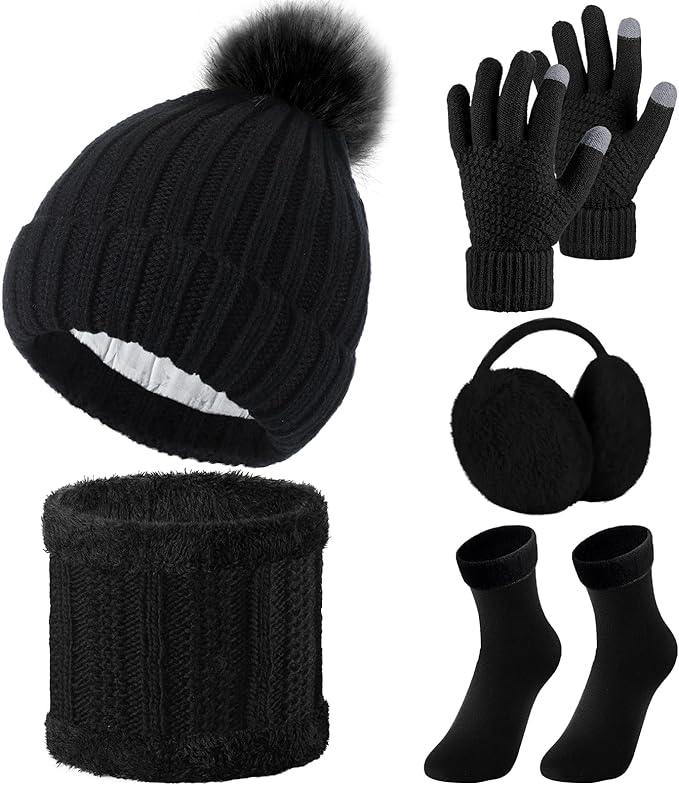 SATINIOR 5 Pcs Winter Satin Lined Hat Scarf Gloves Set Knit Pompom Beanie Warm Touchscreen Glove Earmuff Ear Warmer for Women