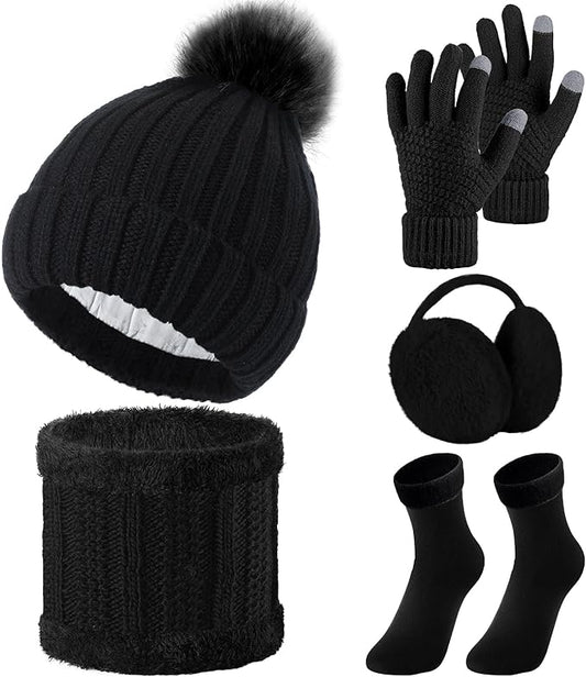 SATINIOR 5 Pcs Winter Satin Lined Hat Scarf Gloves Set Knit Pompom Beanie Warm Touchscreen Glove Earmuff Ear Warmer for Women