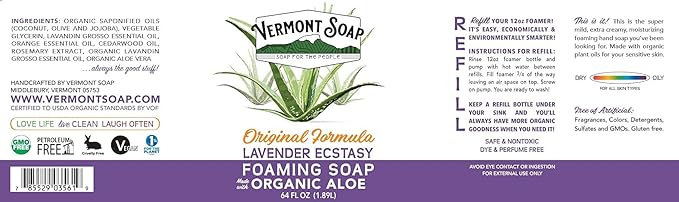 VERMONT SOAP Organic Lavender Foaming Hand Soap - Natural Moisturizing Soap for Dry Skin - Fragrance Free Liquid Bathroom Hand Soap - Lavender- 64 oz