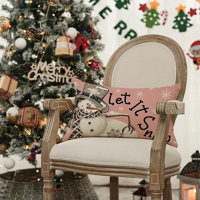 AVOIN colorlife Christmas Winter Snowman I Smell Snow Throw Pillow Cover, 12 x 20 Inch Winter Holiday Pink Cushion Case Decoration for Sofa Couch