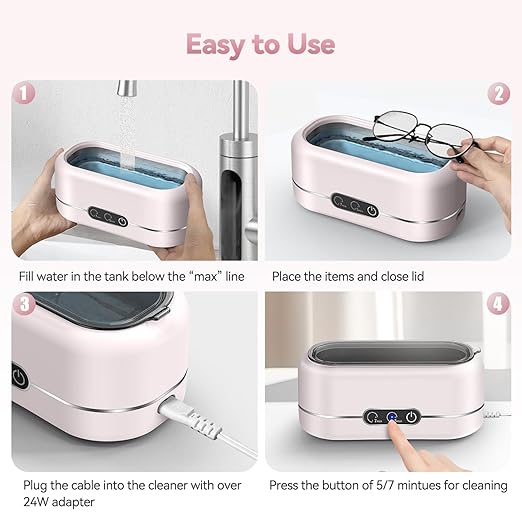 Jewelry Cleaner Ultrasonic Machine, Upgraded 48KHz Ultrasonic Cleaner with 304 Stainless Steel for Jewelry, Eyeglasses, Rings, Watch Strap, Dentures-Pink