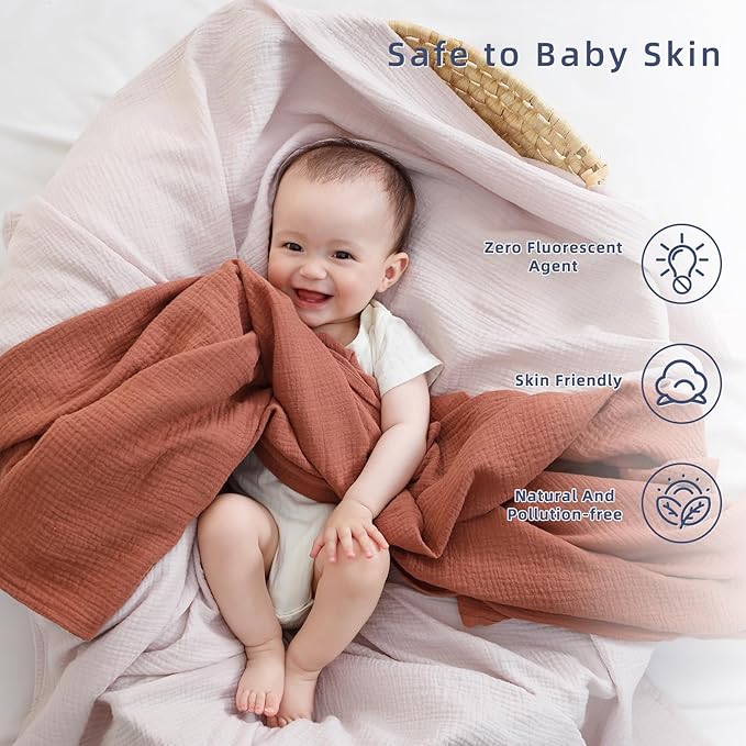 DaysU Muslin Baby Swaddle Blanket, Cotton Swaddling Blankets for Baby Boy and Girl, Nursery Skin-Friendly Baby Receiving Blanket for Newborns, Breathable Swaddle Wrap 2 Pack, 47”x47”-Brown+Lilac Ash