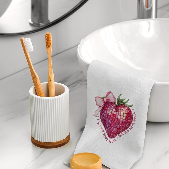 Coquette Pink Bow Strawberry Kitchen Towels, I Love You Gifts for Her Hand Towels, Dish Tea Towels, Strawberry Kitchen Bathroom Decor, 16x24 Inch