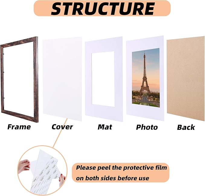 6 Pcs 11x14 Rustic Brown Wood Picture Frame - Display Pictures 8x10 with Mat or 11 x 14 without Mat - Distressed Brown Wooden Photo Frames for Wall Mounting 11 14 Matted to 8x10 Farmhouse Set of 6