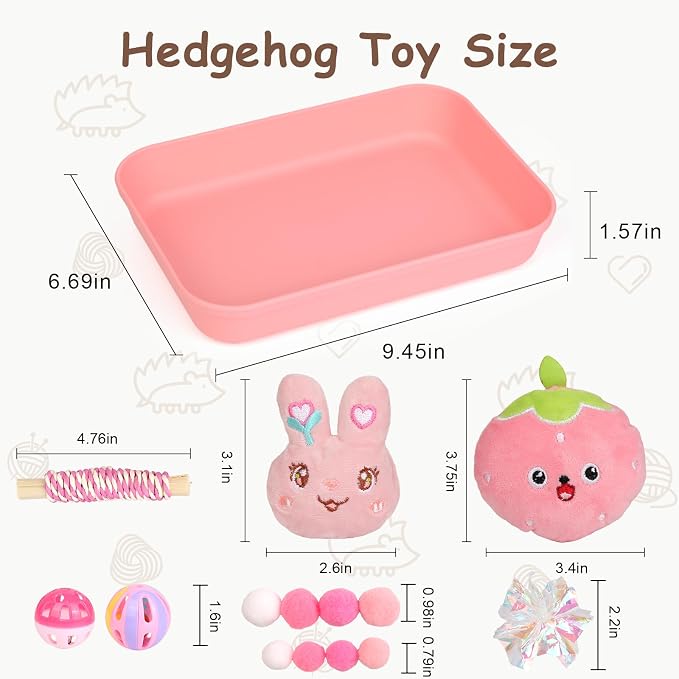 Hedgehog Accessories, Dig-Box Tray for Hedgehog Cage with Ball Toy, Small Animal Accessories Funny Dig-Box Tray Toys for Hedgehogs, Ball Bell Toy for Ferret Kitten Cat Hamster (Pink)