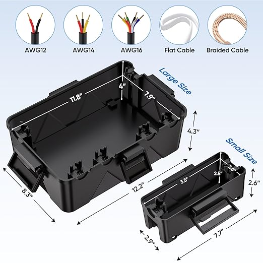 TICONN Outdoor Electrical Box, IP54 Splash-Proof Outdoor Extension Cord Cover, Protects Power Strip, Plug, Socket, Timer, Holiday Lights (Black, Large) (Pack of 2)