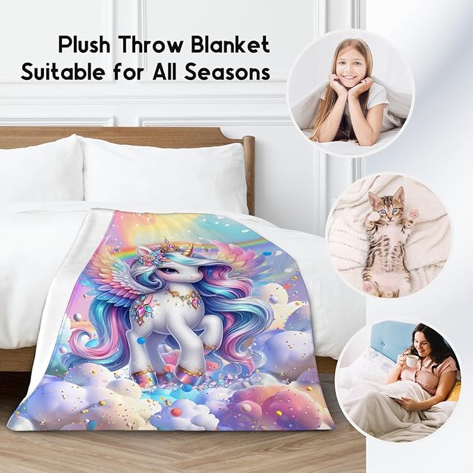 Unicorn Blankets Girls Gifts - 30x40 Inches Cute Throw for Kids - Cozy Soft Fleece Blanket for Couch Bed