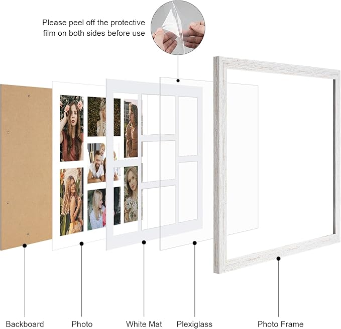 13.5x15.5 Collage Frame with 7 Openings 4X6 Pictures, Multiple Picture Frame with Mat, Wall or Tabletop Decor, White Wood Grain,2 Pack