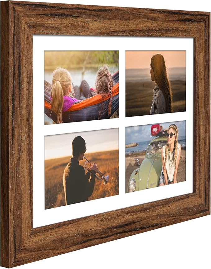 9x13 Picture Frame Display 4 opening 4X6 Picture Frame Collage,Multi Photo Frame with Mat,Plexiglass,Wall or Tabletop Decor,Carbonized Brown Wood Grain