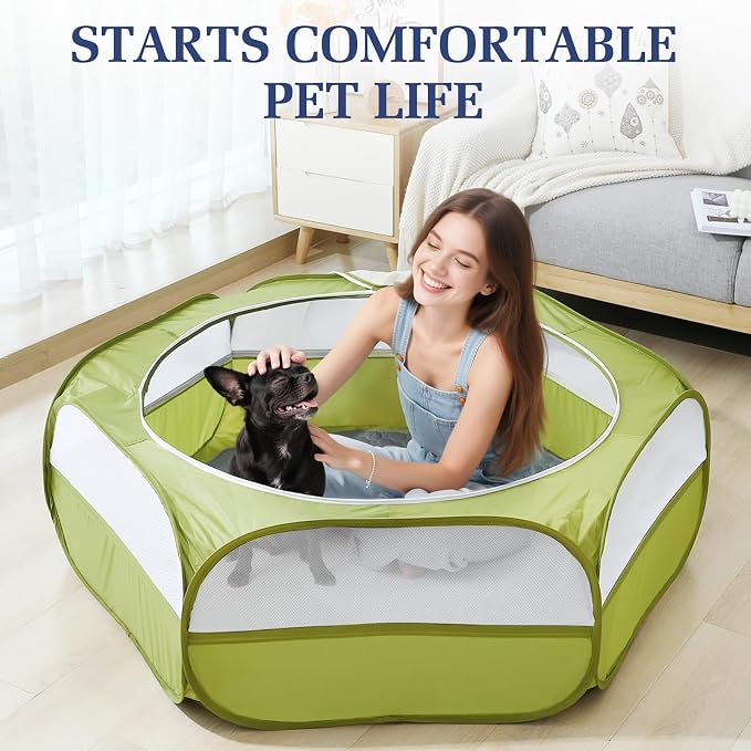 Pawaboo 2-in-1 Small Animals Playpen with Pad, Green+Gray | Waterproof, Reusable Pad, Portable Outdoor Yard Fence with 3 Metal Rod, For Chick/Kitten/Guinea Pig/Rabbits/Chinchillas