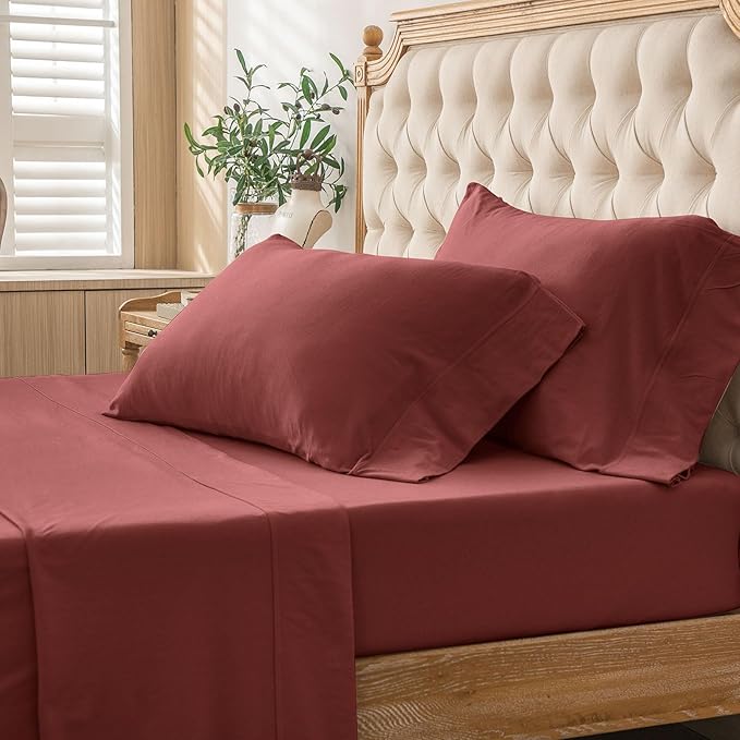 PURE ERA Jersey Knit 4pc Bed Sheet Set 100% T-Shirt Cotton Super Soft Comfy Breathable Fits Mattress Up to 20" Extra Deep Pocket (Solid Brick Red, Queen)