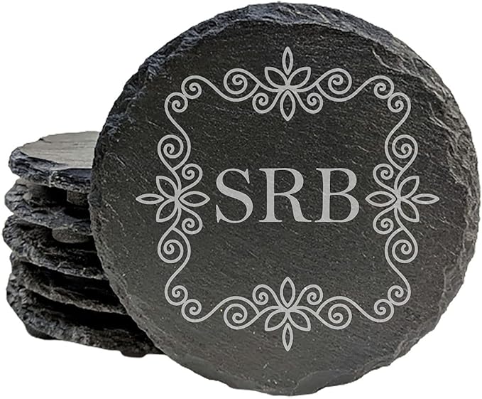 Personalized Elegance: Floral Monogram Slate Drink Coasters - Round Slate - Set of 6