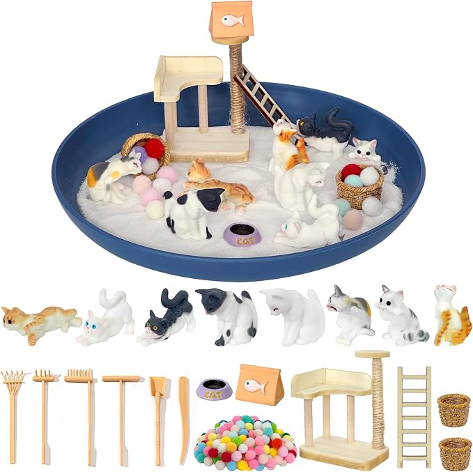 Zen Garden for Desk for Cat Lover Gifts | with Tray Sand Tools Cat Figurines DIY Micro Landscape Ornaments Miniature Meditation Sand Garden Stress Relief Desk