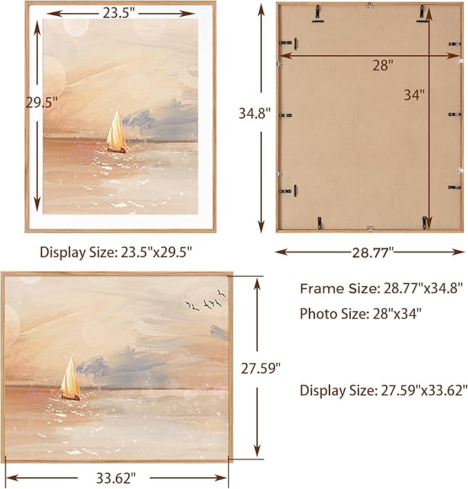 28x34 Large Poster Frame, Solid Oak Wood 28 x 34 Picture Frames for Wall, Tempered Real Glass, 28x34 Frame with Mat for 24x30, Rustic Wood 28 by 34 Frames for Home Decor, Natural Oak Color