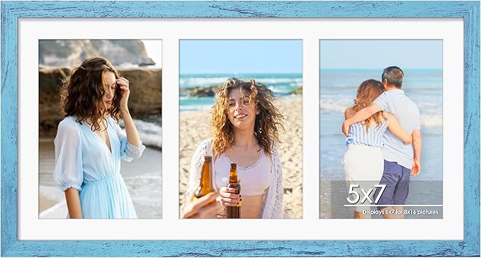 8x16 Collage Picture Frame 5x7 Collage Picture Frame Displays Three 5x7 inch Photos or 8x16 (Without Mat) for Available Horizontal Wall Mounting Display and Vertical Blue
