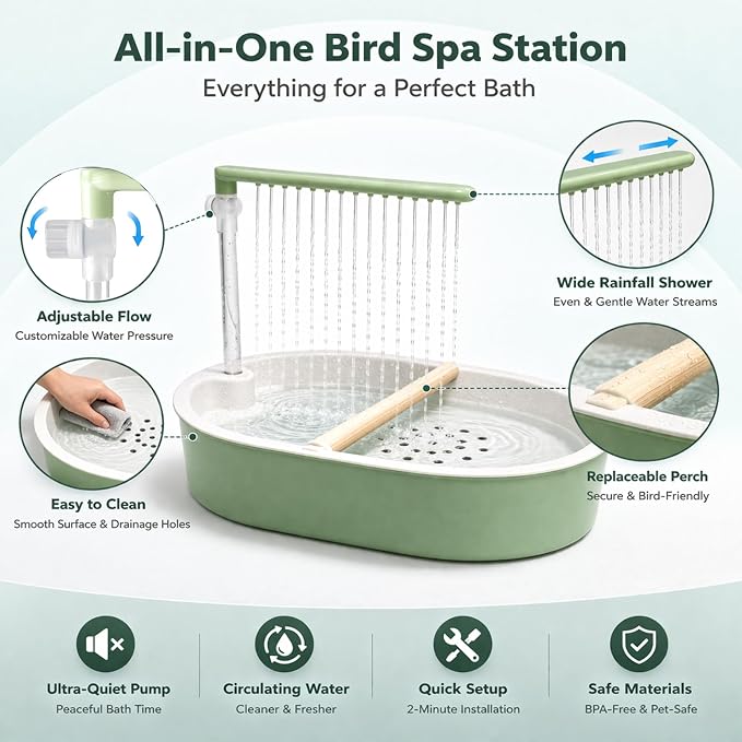 Indoor Bird Bath Fountain, Dual Rainfall Parrot Shower with Anti-Clog Pump & Filter Sponge, Adjustable Water Flow, Natural Beech Wood Perch, Bird Shower Spa for Parakeet, Cockatiel, Lovebird