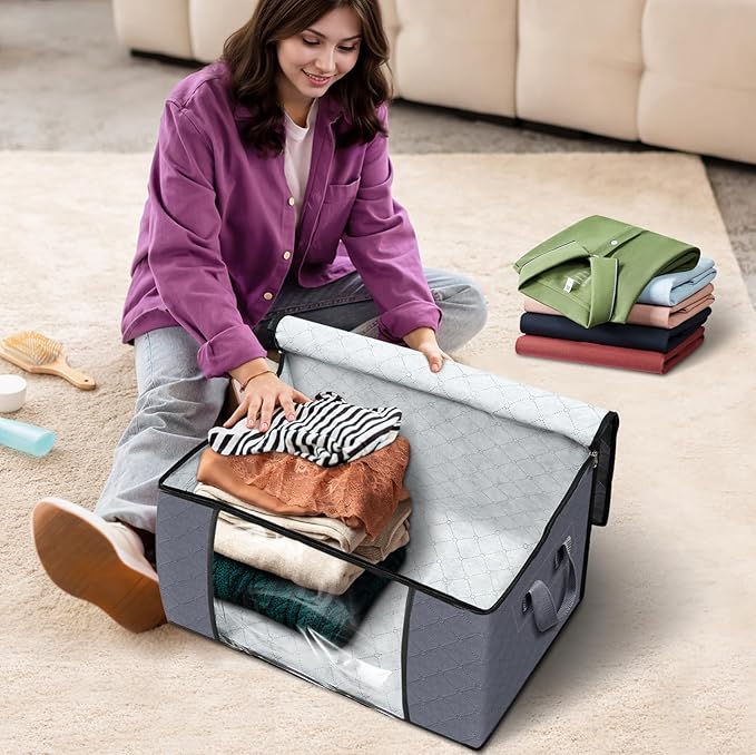 Fab totes Storage Bags,Clothes Blanket Storage Bins Foldable Closet Organizers with Reinforced Handle for Home Dorm Storage and Organization,Fabric Bags for Organizing Sheets,Clothing (Grey,3 Pack)