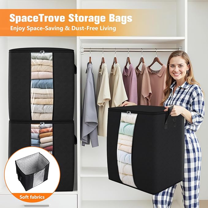 Clothes Storage Bags, 4-Pack Comforter Blanket Organizers, 80L Large Capacity Containers with Visual Window for Clothing, Quilt, Sheet, Pillow, Closet Organization for Bedding (Black)