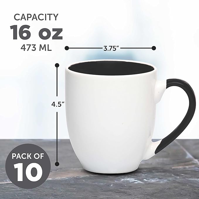 DISCOUNT PROMOS Bistro Style Large Coffee Mugs 16 oz. Set of 10, Bulk Pack - Perfect for Coffee, Tea, Espresso, Hot Cocoa, Other Beverages - Black
