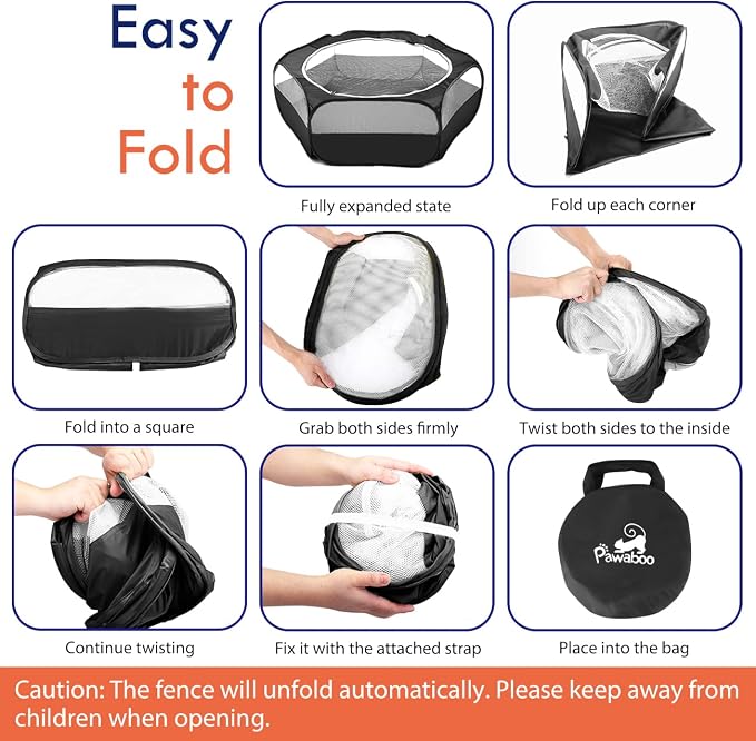 Pawaboo Small Animal Playpen with Zippered Cover, Black | Portable pop-up pet tent for supervised rabbits, guinea pigs, chicks and kittens; water-resistant bottom and 3 metal rods