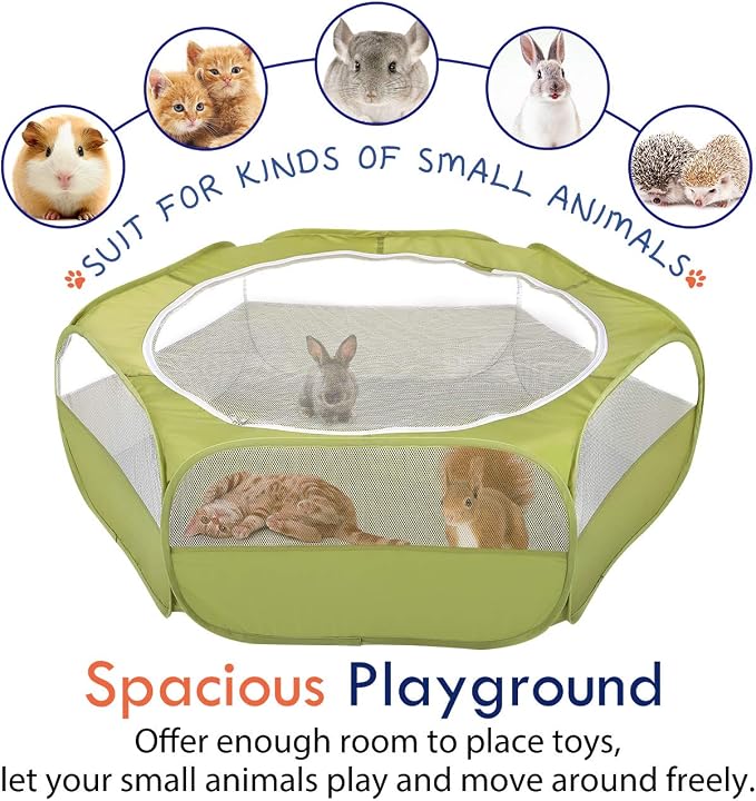 Pawaboo Small Animal Playpen with Zippered Cover,Green | Portable pop-up pet tent for supervised rabbits, guinea pigs, chicks and kittens; water-resistant bottom and 3 metal rods