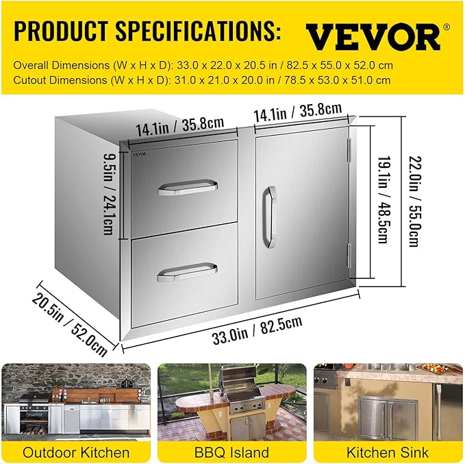 VEVOR Outdoor Kitchen Door Drawer Combo, 32.5" W x 21.6" H x 20.5" D, Access Door/Double Drawers with Paper Towel Rack, Stainless Steel Handles for BBQ Islands