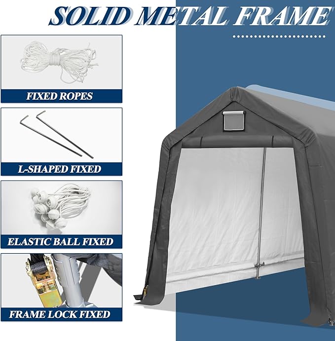 COVERONICS 7' x 12' Outdoor Storage Shed - Heavy Duty Portable Shelter Carport with Ventilation Windows and Roll-up Doors, Storage Shelter Tent for Motorcycle, Bike, Lawnmower and Garden Tools, Grey