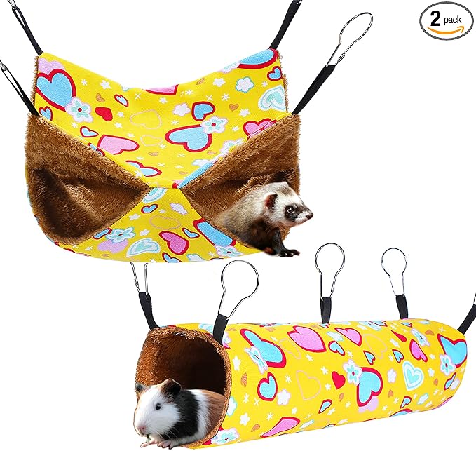 petonfun Ferret Rat Hammock Tunnel Set for Cage Accessories Toys Bed,Yellow | 2 Pack, Large Size, Cute Pattern, Double Sided, Hideout for Guinea Pig and Chinchilla to Hide, Suitable for Most Small Animal