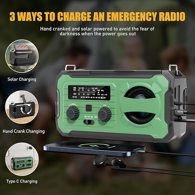 Hand Crank Emergency Radio, 10000mAh Weather Radio with AM/FM/NOAA, Solar Prower, SOS Alarm, Phone Charging, LED Flashlight, Portable Survival Gear for Outdoor & Home Emergencies Kits, Light Green