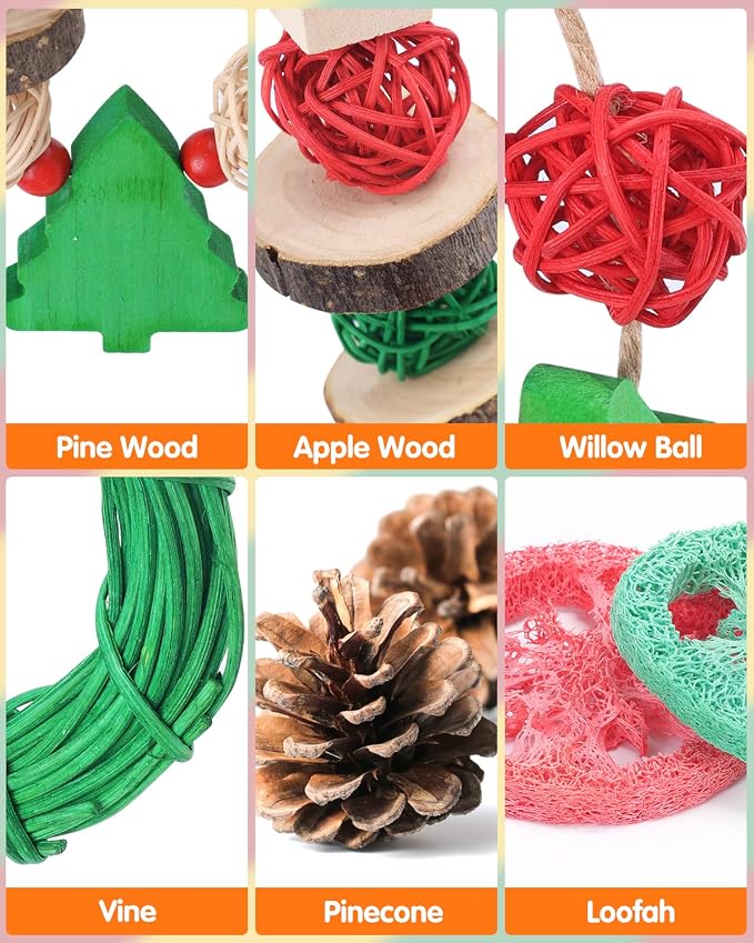 Xylolfsty Christmas Small Pet Chew Toys Set 8PCS for Guinea Pigs | Wooden Accessories for Chinchilla, Hamster & Bunny Rabbit Cages, Help Teeth Grinding, Holiday Decor and Gifts for Small Pets